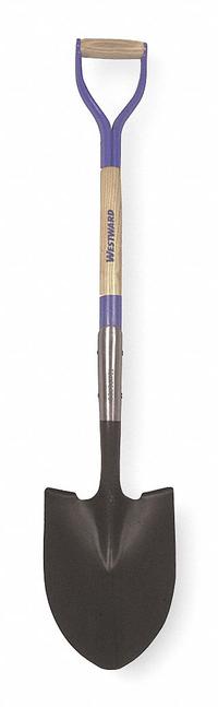 WESTWARD Round Point Shovel: Steel Blade, 14 ga, D-Grip Handle Type, Wood Handle, 30 in Handle Lg (MPN 1WG33). Key specifications — Blade Color: Black; Handle Color: Natural; Blade Material: Steel.