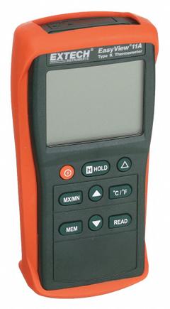 EXTECH Thermocouple Thermometer: -58°F to 1,999°F, For Type K Thermocouple Type, -58°F to 1,999°F (MPN EA11A). Key specifications — Testing Functions: Average Temperature; Accuracy: ±0.3 % + 2 °F/1 °C; Brand: EXTECH.
