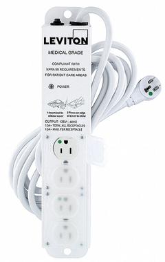 LEVITON Outlet Strip: 4 Outlets, 15 ft Cord Lg, 644 J Rated Energy, 15 A Current, White, 5-20P (MPN 5304M-1N5). Key specifications — Brand: LEVITON; Mounting Style: Screw.