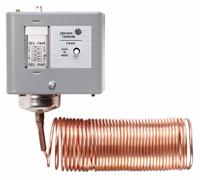 JOHNSON CONTROLS Line Volt Mechanical Tstat: 15° to 55°F, Steel, Fixed, 5°F, 120 to 600V AC Volt (MPN A70BA-18C). Key specifications — Switch Type/Action: SPST, Close on Rise; Temperature Control Range: 15° to 55°F; Temperature Differential: 5°F; Voltage: 120 to 600V AC; Capillary Length/Bulb Diameter: 20 ft Capillary, 20 ft x 1/8 in Bulb; Brand: JOHNSON CONTROLS; Differential Type: Fixed; Enclosure Material: Steel.