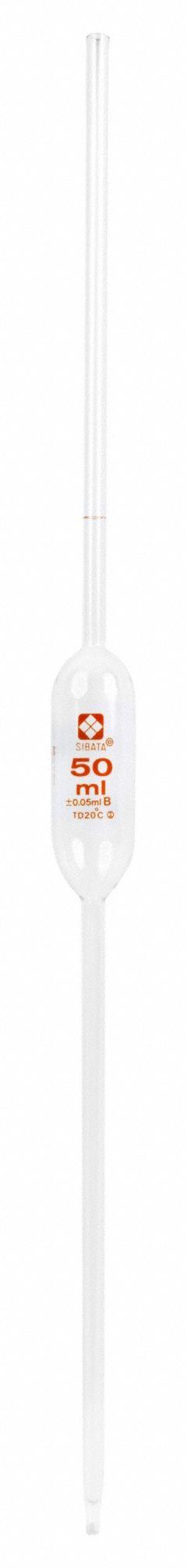 SIBATA Volumetric Pipette: 50 mL Capacity, Non-Sterile, Not Individually Wrapped, Glass (MPN 2040-50-3MM). Key specifications — attr1080643: Non-Sterile; attr1073884: SIBATA; attr1080635: Not Individually Wrapped; attr1080640: Volumetric; attr1080636: Glass; attr1080641: Volumetric Pipette.