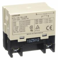OMRON Enclosed Power Relay: Bracket Mounted, 30 A Current Rating, 12V DC, SPST-NO, 4 Pins/Terminals (MPN G7L-1A-BJ-CB-DC12). Key specifications — Brand: OMRON; Base Type: Square; Mounting Style: E-Bracket; Electrical Connection: Screw Terminal; Manufacturer Part Number: G7L-1A-BJ-CB-DC12; Operating Current: 30 A at 220V AC (Resistive Load voltage); Series: G7L Series; Relay Bracket Type: E-Bracket (Sold Separately).