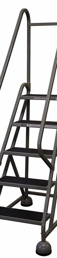 COTTERMAN Rolling Ladder: 3.8 ft Platform Ht, Partially Assembled, Steel, Wt-Actuated Auto-Lock (MPN ST-521 A2 C1 P5). Key specifications — Includes Handrails: Handrails Included; Material: Steel; Brand: COTTERMAN; Color: Gray.