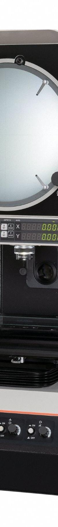 MITUTOYO Profile Projector: Vertical, Inverted-Reversed, 9.8 in x 9.8 in Table Size, 10X (MPN 302-801-10A-M2). Key specifications — attr1183445: Inverted-Reversed; attr1183446: 9.8 in x 9.8 in; attr1183447: 10X; attr1183448: 9.75 in x 14.75 in; attr1183450: 100.00 mm; attr1183451: 100.00 mm; attr1183467: MITUTOYO.