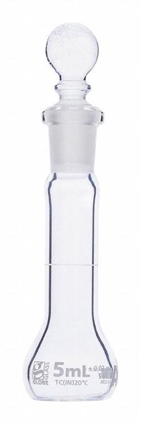 GLOBE SCIENTIFIC Volumetric Flask: 5 mL, Colorless, A, 0.02 mL, Includes Closure, 70 mm Overall Ht (MPN 8200005). Key specifications — Tolerance: 0.02 mL; Body Color: Colorless; Brand: GLOBE SCIENTIFIC; Compatible with Stopper Size: 9; USP Specification: Type I.