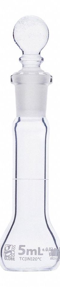 GLOBE SCIENTIFIC Volumetric Flask: 5 mL, Colorless, A, 0.02 mL, Includes Closure, 70 mm Overall Ht (MPN 8200005). Key specifications — Tolerance: 0.02 mL; Body Color: Colorless; Brand: GLOBE SCIENTIFIC; Compatible with Stopper Size: 9; USP Specification: Type I.