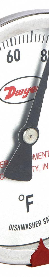 DWYER Sanitary Dial Thermometer: -40°F to 160°F, +/- 1% Accuracy, 3 in Dial Dia, 4.5 in Stem Lg (MPN BT15S34541). Key specifications — Accuracy: +/- 1%; Brand: DWYER.