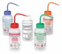 DYNALON Wash Bottle: 500 mL, Acetone/Ethanol/Isopropanol/Methanol/Write-On, Assorted, Wide (MPN 506495-0005). Key specifications — Closure Color: Assorted; Vented/Nonvented: Vented; Body Color: Colorless; Brand: DYNALON; Imprinting Group: Assorted.