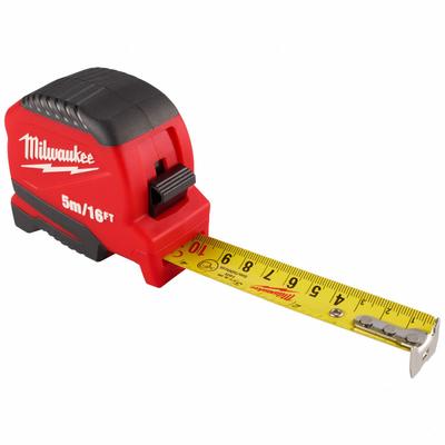 MILWAUKEE Compact Tape Measure: Nonmagnetic Single Hook Tip, 16 ft / 5 m, Plastic - Standard (Inch) Tape Measures