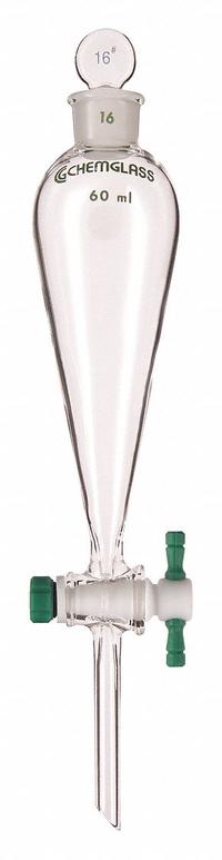 APPROVED VENDOR Separatory Funnel: Borosilicate Glass, 250 mL, 19 mm, 75 mm Stem Lg, Colorless (MPN CG-1742-04). Key specifications — Product Type: Separatory Funnel; Body Color: Colorless; Brand: APPROVED VENDOR.