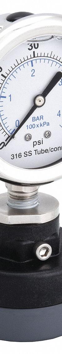 KODIAK Pressure Gauge with Diaphragm Seal: 0 psi to 60 psi, KC301, 2 1/2 in Dial, PTFE, PVC, Bottom (MPN KC301L2560/PLDS-PVC-T12). Key specifications — Brand: KODIAK; Gauge Case Liquid: Glycerin; Seal Fill Liquid: Mineral Oil; Gauge Case Material: 304 Stainless Steel; Seal Lower Housing Material: PVC; Accuracy: ±1.60%; Gauge Wetted Parts: Stainless Steel.