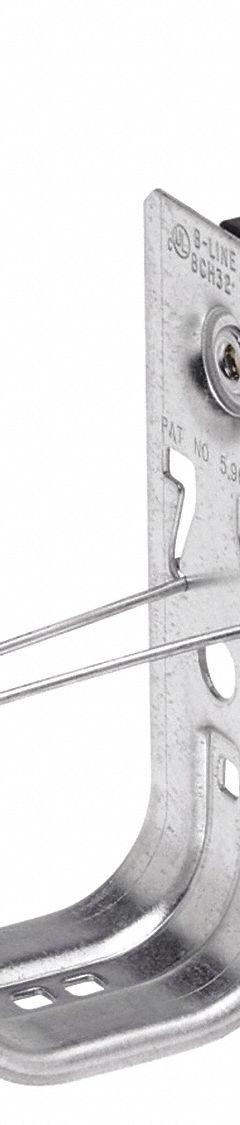 COOPER B-LINE J-Hook: Clamp-On with Locking Latch, 2 in Max. Bundle Dia., 30 lb Max. Load Capacity (MPN BCH32-C1). Key specifications — Material: Galvanized Steel; Mounting: 360° Horizontal Rotation; Includes Locking Latch: Yes; Color: Silver; Brand: COOPER B-LINE; Mounting Location: Beam; Mounting & Attachment (subhead): Clamp-On with Locking Latch.