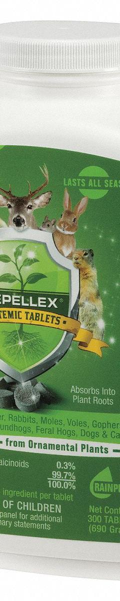 REPELLEX Animal Repellent: Targets Deer/Rabbits, Tablets Form, 300 ct Container Size, 300 PK (MPN 20006). Key specifications — Brand: REPELLEX; Targeted Animals: Deer; Form: Tablets.