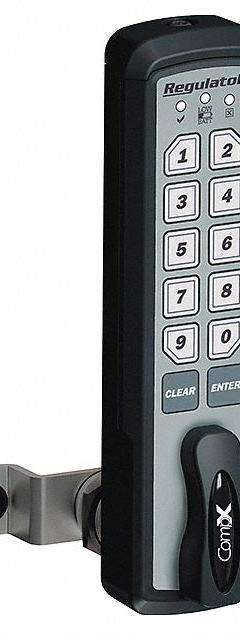 COMPX REGULATOR Electronic Keyless Lock: Cam Latch, 1 1/2 in Body Ht, 5 7/16 in Body Wd, 12 Buttons (MPN REG-M-V-3-BLK). Key specifications — Latch Type: Cam Latch; Brand: COMPX REGULATOR; Manufacturer Part Number: REG-M-V-3-BLK.