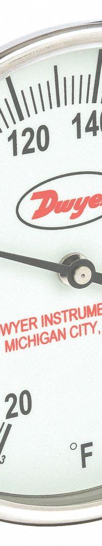 DWYER Glow-in-the-Dark Dial Thermometer: 20°F to 240°F, +/- 1% Accuracy, 5 in Dial Dia, Male (MPN GBTB560141). Key specifications — Accuracy: +/- 1%; Brand: DWYER.
