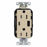 USB Receptacle: Decorator Duplex, 5-15R, USB Type A/C, Ivory, 125V AC, 15 A (MPN M56AC-I). Key specifications — Brand: LEVITON.