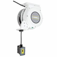 HUBBELL WIRING DEVICE-KELLEMS Extension Cord Reel: Ratchet Lock, 25 ft Cord Lg, 12 AWG, SJO, 5-20P (MPN HBLM25123GF20M1). Key specifications — Retractable Cord Ending NEMA Configuration: 5-20R; Feeder Cord Ending NEMA Configuration: 5-20P; Brand: HUBBELL WIRING DEVICE-KELLEMS.
