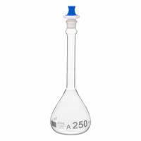 QORPAK Volumetric Flasks: 250 mL, Gray, Round, A, Includes Closure, 16 Compatible with Stopper Size (MPN 278393). Key specifications — Shape: Round; Body Color: Gray; Brand: QORPAK; Compatible with Stopper Size: 16; USP Specification: Type I.