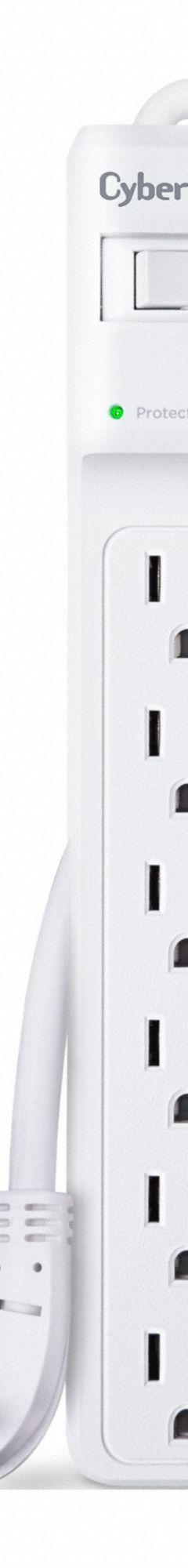 CYBER POWER Outlet Strip: 6 Outlets, 8 ft Cord Lg, 600 J Rated Energy, 15 A Current, UL 1449, White (MPN B608). Key specifications — Brand: CYBER POWER; Mounting Style: Keyhole.
