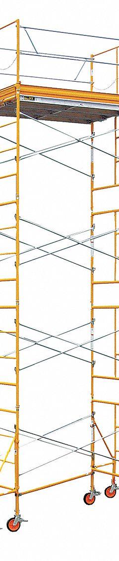 BIL-JAX Scaffold Tower: Steel, 2 ft to 16 ft, 120 in x 57 in, 2,000 lb Load Capacity (MPN 6004C-10X15RT). Key specifications — Brand: BIL-JAX; Height Adjustability: Fixed Height; Included Components: 32 in Outriggers.