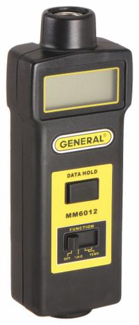 GENERAL Moisture Meter: Digital, LCD, Pin, Carrying Case, ±0.5% Moisture Content Accuracy (MPN MM6012). Key specifications — attr999354: Digital; attr1009284: Impact Pin; attr1009272: Data Logging; attr999347: Wood; attr999350: LCD; attr999383: ±0.5%; attr999345: GENERAL.