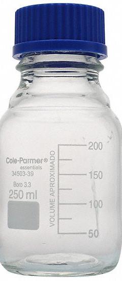 COLE-PARMER Media Bottle: 250 mL, Cap, 45 mm, 13.7 cm, Colorless, Closure Included, Wide Mouth Size (MPN 3450339). Key specifications — Closure Type: Cap; Mouth Size: Wide; Screw Closure Size: 45 mm; Brand: COLE-PARMER; Body Color: Colorless.