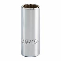 PROTO Socket: SAE, 3/8 in Drive Size, 9/16 in Socket Size, 12-Point, Deep, Chrome, Socket (MPN J5018). Key specifications — attr1204417: PROTO; attr1204392: Chrome.