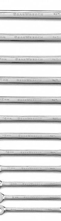 GEARWRENCH Combination Ratcheting Wrench Set: Alloy Steel, Satin, 8 mm to 19 mm Range of Head Sizes (MPN 85597). Key specifications — attr309581: Satin; attr309580: Alloy Steel; attr309571: No; attr309583: No; attr309587: Yes; attr324931: GEARWRENCH; attr309569: 8 mm to 19 mm.