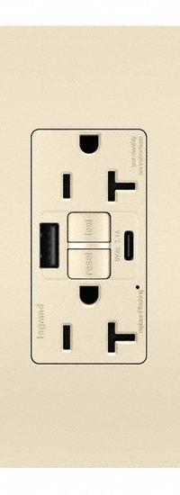 USB Receptacle: Duplex, 5-20R, 2 USB Ports, USB Type A/C, Light Almond, 125V AC, 20 A, GFCI (MPN 2097TRUSBACLA). Key specifications — Brand: LEGRAND.