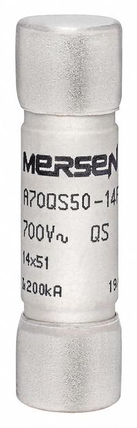 Semiconductor Fuse: A70QS Series, Fast-Acting, 50 A, 690 V AC, 700 V DC DC Volt Rating (MPN A70QS50-14F). Key specifications — Series: A70QS; Brand: MERSEN; Voltage Type: AC/DC.