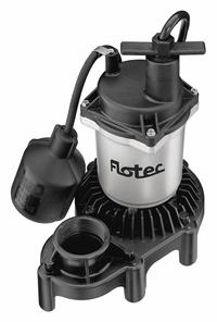 FLOTEC Submersible Sump Pump: 1/4 hp, 115V AC, 36 gpm Flow Rate @ 10' of Head, 1 1/2 in FNPT, 3.9 A (MPN FPZS25T). Key specifications — Rated Voltage: 115V AC; Brand: FLOTEC; Switch: Piggyback Tether Float.