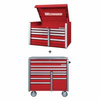 WESTWARD Rolling Cabinet Kit: 18 Drawers, Heavy Duty, Keyed, 42 in W x 25 3/4 in D x 73 1/2 in H (MPN 361LP6). Key specifications — attr1116680: Red; attr1116684: Ball Bearing; attr1116690: WESTWARD; attr1116659: Keyed; attr1116661: Rolling Tool Cabinet 42 in W x 25-3/4 in D x 48-3/4 in H.