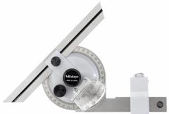 MITUTOYO Bevel Protractor: 6 in Blade Lg, 0°to 360°, 1° Graduations, +/-5 min Accuracy, 12 in (MPN 187-904-10). Key specifications — attr1182193: Stainless Steel; attr1182194: +/-5 min; attr1182195: 6 in; attr1182198: 1°; attr1182218: MITUTOYO.