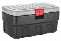 RUBBERMAID Attached Lid Tote: 35 gal, 35 1/4 in x 20 in x 17 1/4 in, Black Body, Gray Lid, Plastic (MPN 1949208). Key specifications — Material: Plastic; Brand: RUBBERMAID.