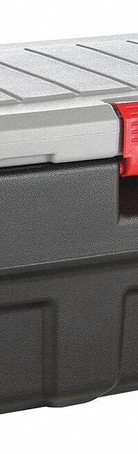 RUBBERMAID Attached Lid Tote: 35 gal, 35 1/4 in x 20 in x 17 1/4 in, Black Body, Gray Lid, Plastic (MPN 1949208). Key specifications — Material: Plastic; Brand: RUBBERMAID.