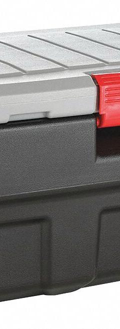 RUBBERMAID Attached Lid Tote: 35 gal, 35 1/4 in x 20 in x 17 1/4 in, Black Body, Gray Lid, Plastic (MPN 1949208). Key specifications — Material: Plastic; Brand: RUBBERMAID.