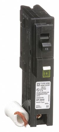 SQUARE D Miniature Circuit Breaker: 15 A, 120V AC, Single Phase, 10kA at 120V AC, 1 Poles (MPN HOM115CAFI). Key specifications — Phase: Single; Amps: 15 A; AC Voltage Rating: 120V AC; Max. AIR Rating: 10kA at 120V AC; For Use With: Homeline Load Center; Brand: SQUARE D.