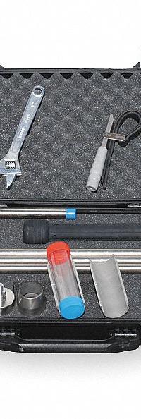 AMS Environmental Sampling Kit: Stainless Steel, 5/8 in Connection Size, 3 1/4 in Overall Dia (MPN 209.55). Key specifications — Material: Stainless Steel; Connection Type: Threaded; Includes: Hard Sided Carrying Case with Handles and Wheels; Brand: AMS.