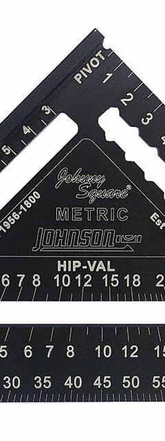 JOHNSON LEVEL Rafter Square: 8 3/4 mm Center-to-Edge Heel Wd, 1/2 cm, Top, 18 cm Square Size, 5 mm (MPN 1956-1800). Key specifications — attr936133: Etched; attr936134: 5 mm; attr936137: Degree Scale; attr948788: 1/2 cm; attr934763: JOHNSON LEVEL; attr984589: Metric; attr984960: Aluminum.
