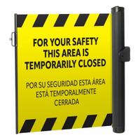 MODUS Mounted Barrier: Fixed Mount, 11 1/2 ft Belt Lg, Restricted Access Messaging, Yellow (MPN ZP+MPP-Y-PTL). Key specifications — Message Color: Black; Frame Color: Black; Brand: MODUS; Belt Color: Yellow.