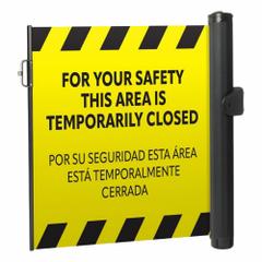 MODUS Mounted Barrier: Fixed Mount, 11 1/2 ft Belt Lg, Restricted Access Messaging, Yellow (MPN ZP+MPP-Y-PTL). Key specifications — Message Color: Black; Frame Color: Black; Brand: MODUS; Belt Color: Yellow.