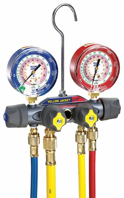 YELLOW JACKET Manifold Gauge: 4 Valves, 4 Hoses, Series Titan, 3 1/8 in Gauge - Analog Manifold Gauge Kits