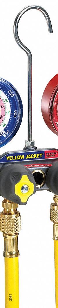 YELLOW JACKET Manifold Gauge: 4 Valves, 4 Hoses, Series Titan, 3 1/8 in Gauge, Hose Valves Included (MPN 49968). Key specifications — Hose Connection Type: 45° SAE; Product Type: Manifold Gauge Set; For Refrigerant Type: R-410A; Brand: YELLOW JACKET; Gauge Boots: No; Sight Glass: Yes.