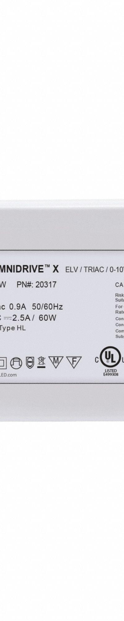 LED Dimmable Driver: 60 W Power Output, 120 to 277V AC, 24V DC, 7 in Lg - Tape & Linear Light Power Supplies