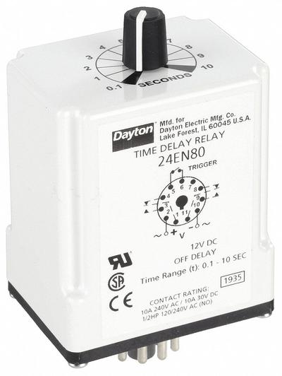 Dayton Single Function Time Delay Relay: Socket Mounted, 12V DC, 10 A, 11 Pins/Terminals - Socket-Mounted Relays