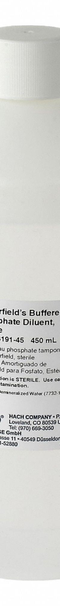 HACH Butterfield's Buffered Phosphate: 450 mL Volume, Liquid, Bottle, Buffer, 2319145, 1. Key specifications — Brand: HACH; Chemical Family Type: Buffer; Container Type: Bottle; Form: Liquid; Manufacturer Part Number: 2319145; Product Type: Butterfield's Buffered Phosphate.