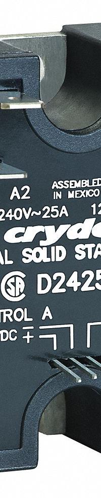 CRYDOM Dual Solid State Relay: Surface Mounted, 25 A Max Output Current, SCR, AC Output (MPN D2425D). Key specifications — Brand: CRYDOM; Current Type: AC; Electrical Connection: Screw Clamp; Finger Safe: No; Input Current: 12 mA; Maximum Output Current without Heat Sink: 16 A; Mounting Style: Panel; Output Voltage: 24 to 280V AC.