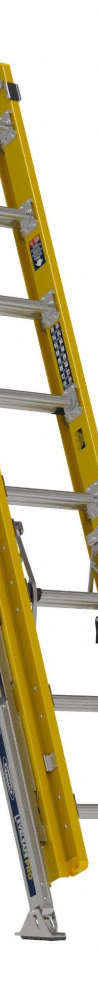 WERNER Extension Ladder: 16 ft Ladder Size, Fiberglass, 375 lb Load Capacity, 56 lb Wt, 2 Sections (MPN D7116-2VL). Key specifications — Color: Yellow; Brand: WERNER; Included Features: Bubble Level; Removable Fly: Removable.
