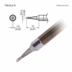 HAKKO Soldering Tip: T39 Series, Chisel, 1.5 mm W, 12 mm Lg (MPN T39-DLS15). Key specifications — Brand: HAKKO; Compatible Handpiece Manufacturer Model Number: FX-9702; Manufacturer Part Number: T39-DLS15.