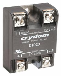 CRYDOM Solid State Relay: Surface Mounted, 20 A Max Output Current, MOSFET, DC Output (MPN D1D20). Key specifications — Brand: CRYDOM; Current Type: DC; Electrical Connection: Screw Clamp; Finger Safe: No; Input Current: 15 mA; Maximum Output Current without Heat Sink: 12 A; Mounting Style: Panel; Output Voltage: 1 to 72V DC.